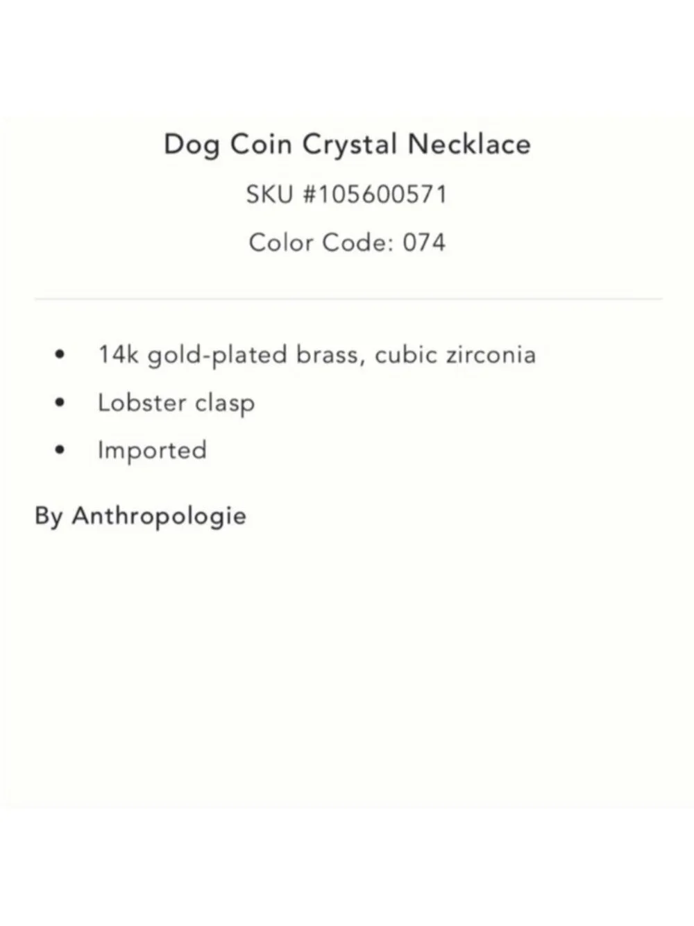 New! Anthropologie 14K Gold Plated Dachshund Dog Charm Necklace NWT